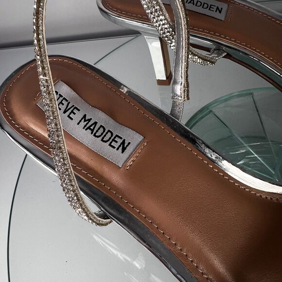 Steve Madden Loft Heel Sandals Silver Faux Rhinestone Ankle Strap - Picture 6 of 8